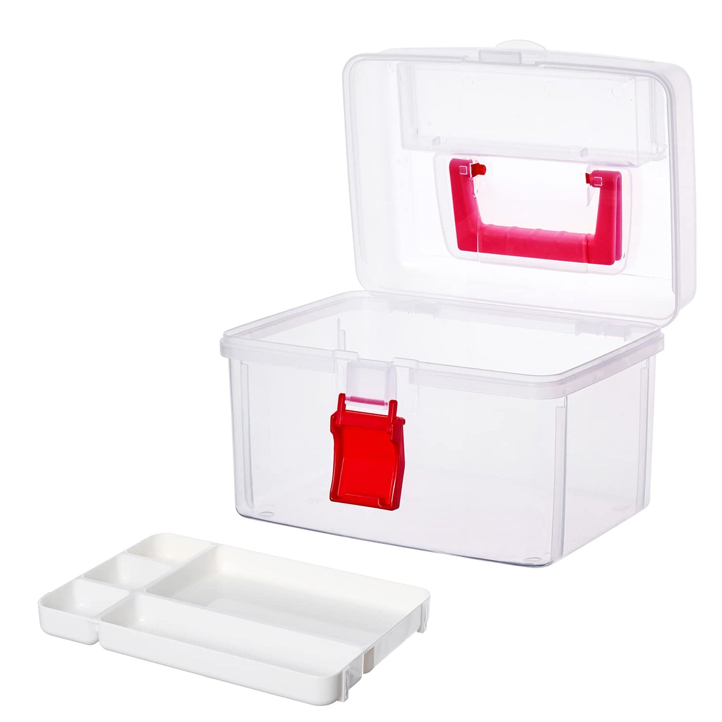 MyGift 10 Inch Premium Clear First Aid Bin with Detachable Tray and Quick Access Top Lid Flap, Portable Emergency Kit, Medical Supply Travel Tote, Medicine Storage Box Container (Red)