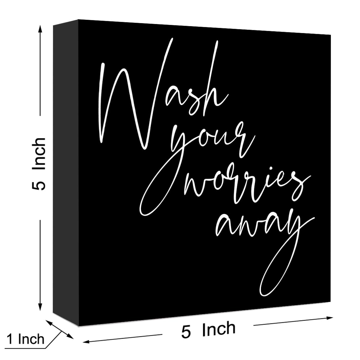 SJNH Wash Your Worries Away Sign Wood Block,Funny Black Bathroom Wooden Box Sign for Bathroom Shelf Washroom Toilet Restroom Shelves Decor 5" L x 5" W x 1.1" H