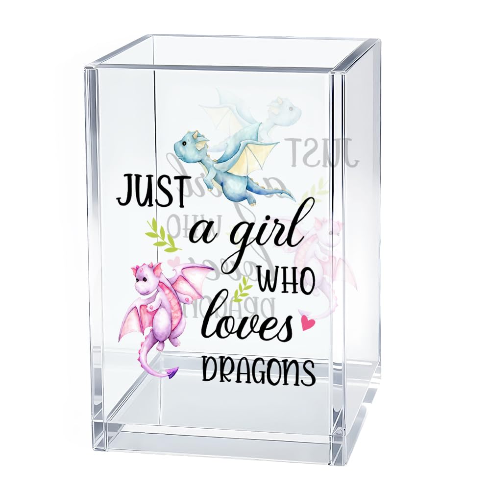 Gkodw Just A Girl Who Loves Dragons Acrylic Cosmetic Organizer Pen Holder, Funny Acrylic Desk Holder Cup for Pen Pencil, Christmas Birthday Gifts for Dragon Lovers Daughter Lady Women Coworker Boss