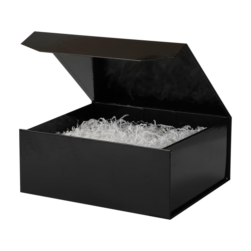 PACKGILO 1 Pcs Black Gift Box Large 13x11x5.3 Inch Black Magnetic Boxes with Crinkle Paper Red Large Gift Box with Shredded Paper Luxury Gift Boxes with Lids for Presents