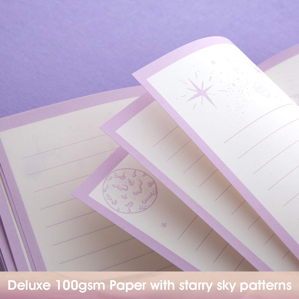 CAGIE Starry Constellation Lock Diary Set Gift Box with Pen & Tapes Secret Diary with Lock for Kids Girls Women Purple Journal Kit with Lock for Anniversary Birthday Holiday（Gemini）