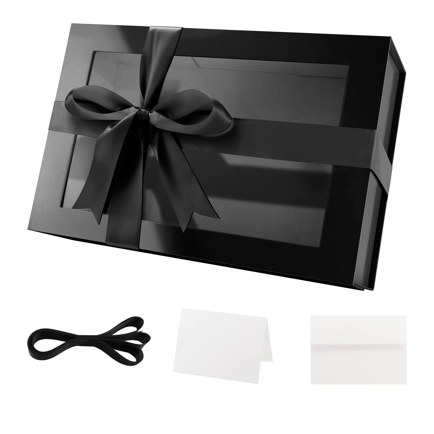 PACKQUEEN Large Black Gift Box with Window, 13.5x9x4.1 Inches Clear Gift Box for Present Contains Ribbon, Card, Groomsman Proposal Box with Magnetic Lid (Glossy Black)