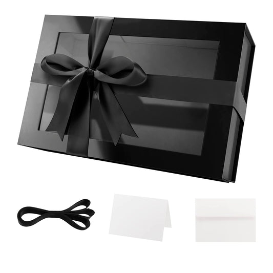 PACKQUEEN Large Black Gift Box with Window, 13.5x9x4.1 Inches Clear Gift Box for Present Contains Ribbon, Card, Groomsman Proposal Box with Magnetic Lid (Glossy Black)