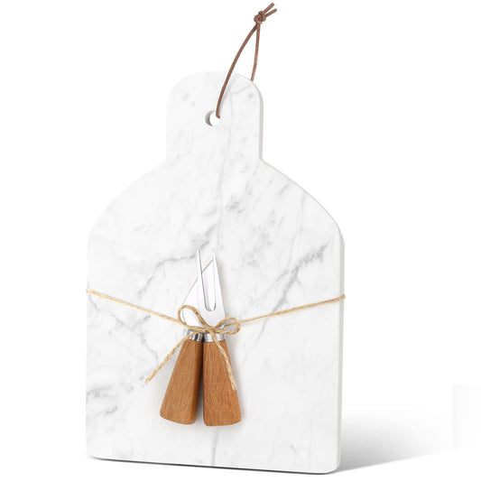 Patelai Marble Cutting Board Set of 3, White Cheese Board Charcuterie Chopping with Knife Fork 12 x 8 x 0.5 in Stone Serving Tray Slab with Handle for Kitchen Pastry Meat Fruit Housewarming Gift