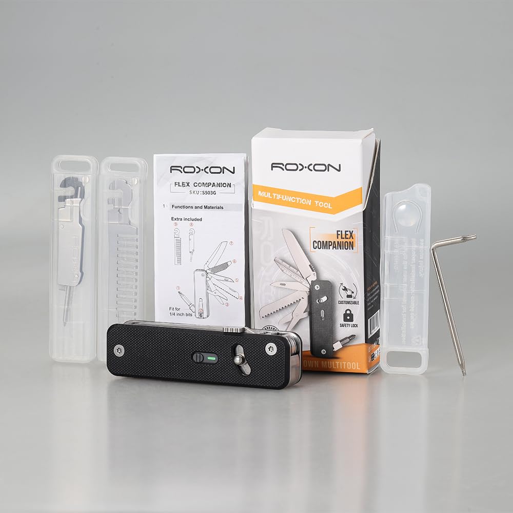 ROXON S503G 9 in 1 Mini Multi Tool EDC Pocket Knife Multitool with G10 Handle,Scissors,Screwdriver,Threader,Awl, Flat Screwdriver,Ruler,Tweezers for Outdoors Fishing Camping,Gifts for Men
