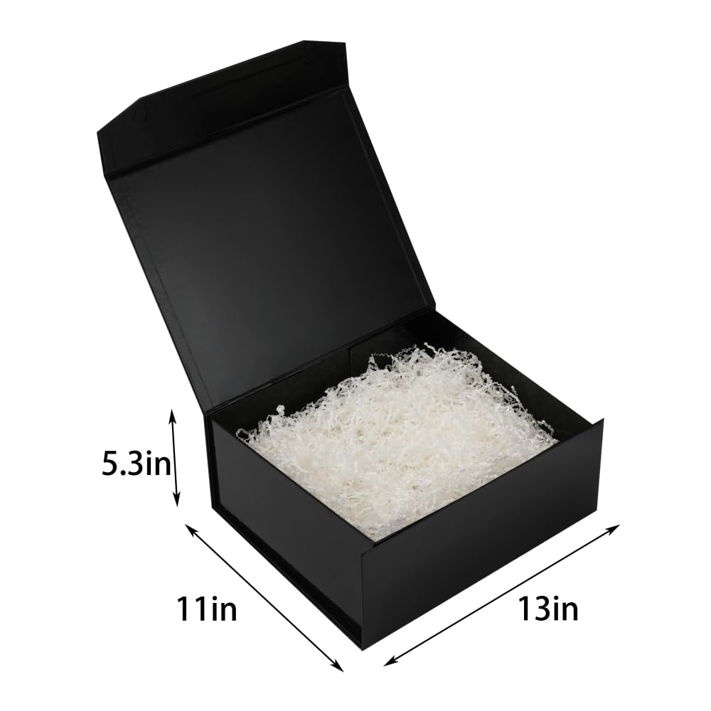PACKGILO 1 Pcs Black Gift Box Large 13x11x5.3 Inch Black Magnetic Boxes with Crinkle Paper Red Large Gift Box with Shredded Paper Luxury Gift Boxes with Lids for Presents