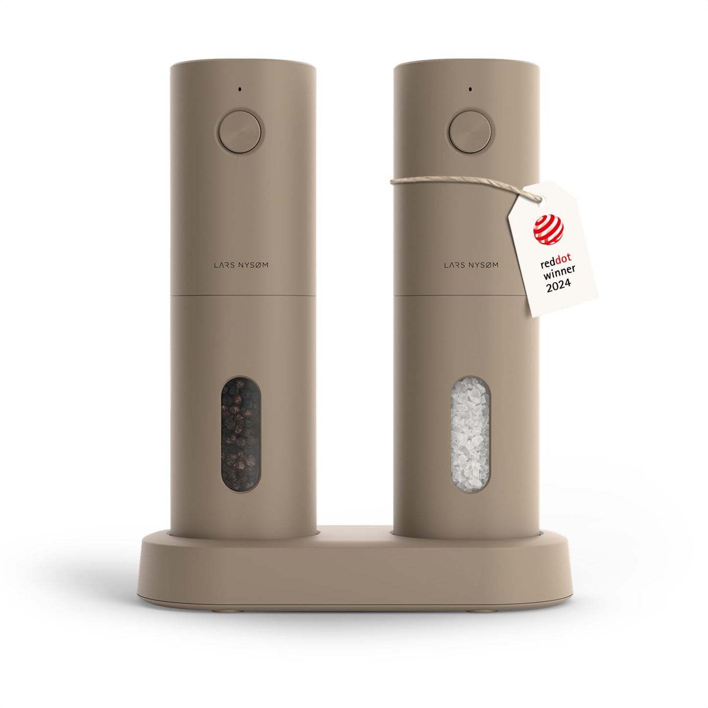 LARS NYSØM Electric Salt and Pepper Grinder Set, USB Rechargeable, Automatic Salt and Pepper Mills, Spice Shakers Refillable with LED Light, Adjustable Coarseness, Ceramic Grinder (Taupe Brown)