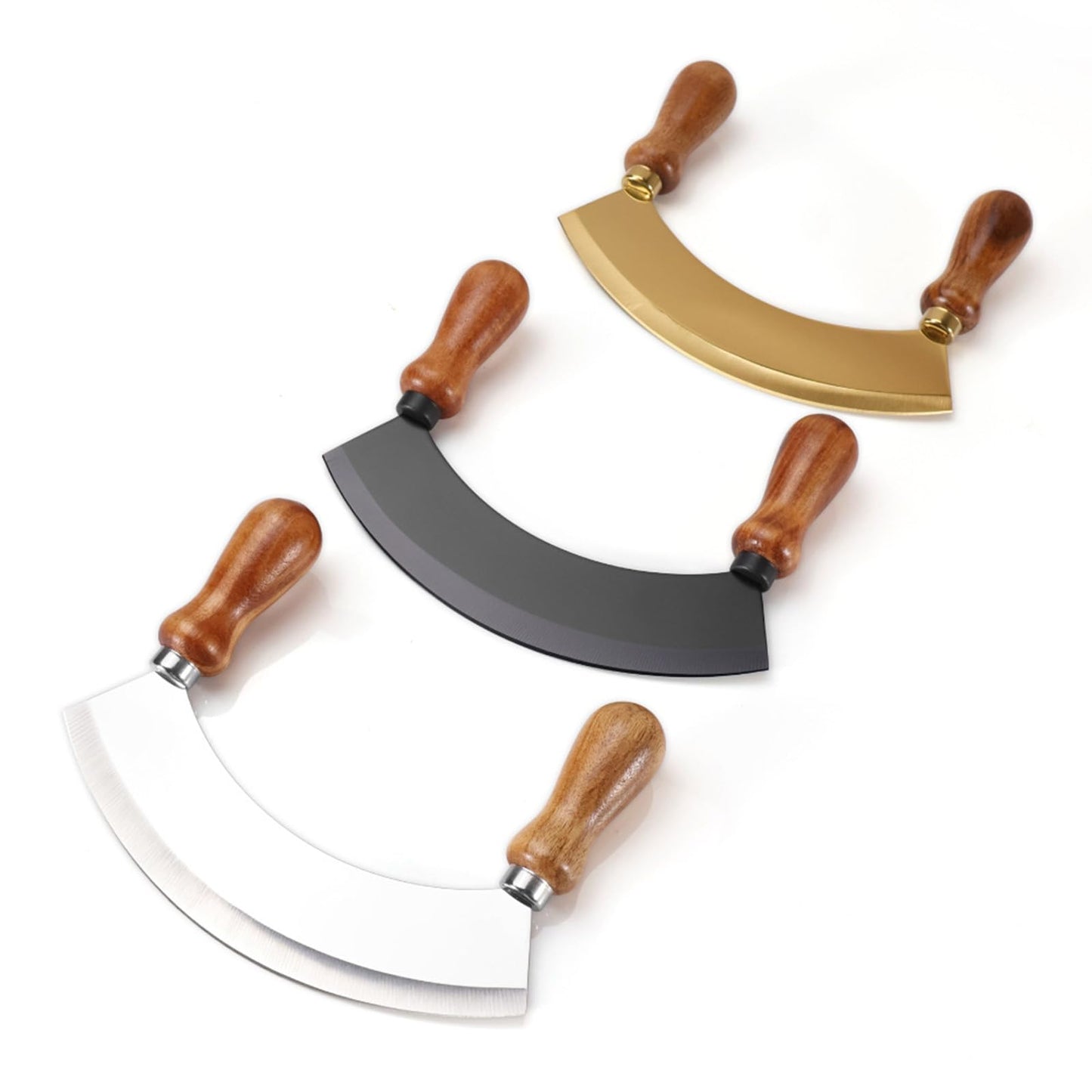 ROQILA 6.8 Inch Stainless Steel Mezzaluna Knife - Salad Chopper Rocker Pizza Cutter Rocker Knife Curved Blade Sharp Blade Double Acacia Wood Handle Fruit Vegetable Mincing (6.8 Inch Silver)