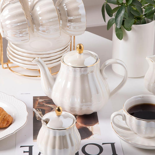 Sweejar Porcelain Tea Sets British Royal Series, 8 OZ Cups& Saucer Service for 6, with Teapot Sugar Bowl Cream Pitcher Teaspoons and tea strainer for Tea/Coffee (Coral White)