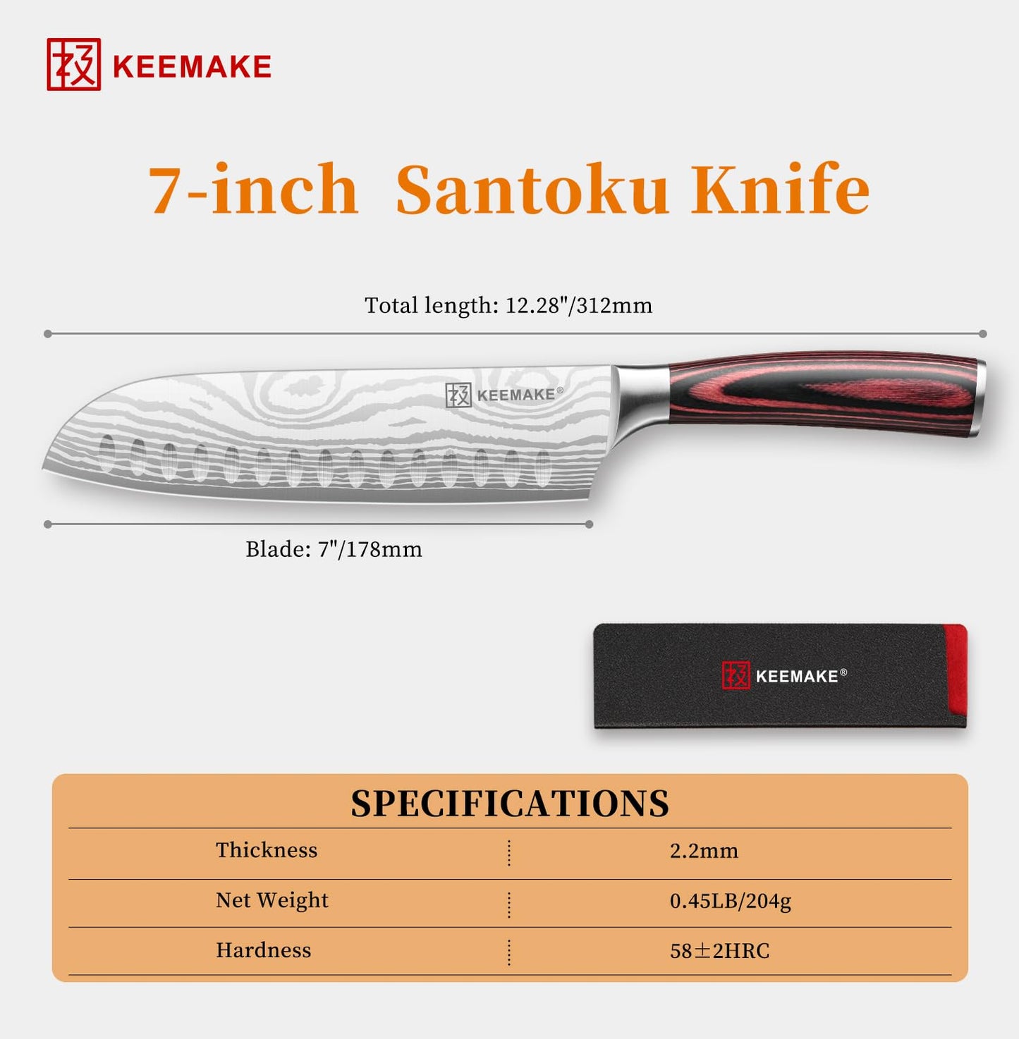 KEEMAKE Santoku Knife - 7 Inch High Carbon Japanese Chefs Knife with Ergonomic Pakkawood Handle and Sheath, Gifts for Mom or Dad, Kitchen Gadgets with Gift Box, Mothers Day Gifts