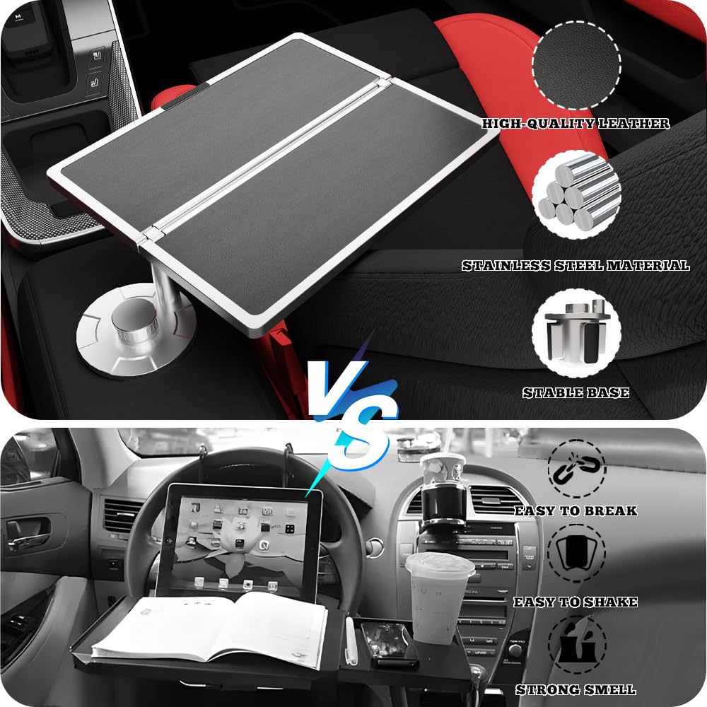 Flodable Car Desk Tray for Laptop, 360° Rotating Leather Cup Holder Table, Car Tray laptop Desk Replace Steering Wheel tray, for Tesla Model Y/3/S, Ford F150 Car Accessries for Men Women