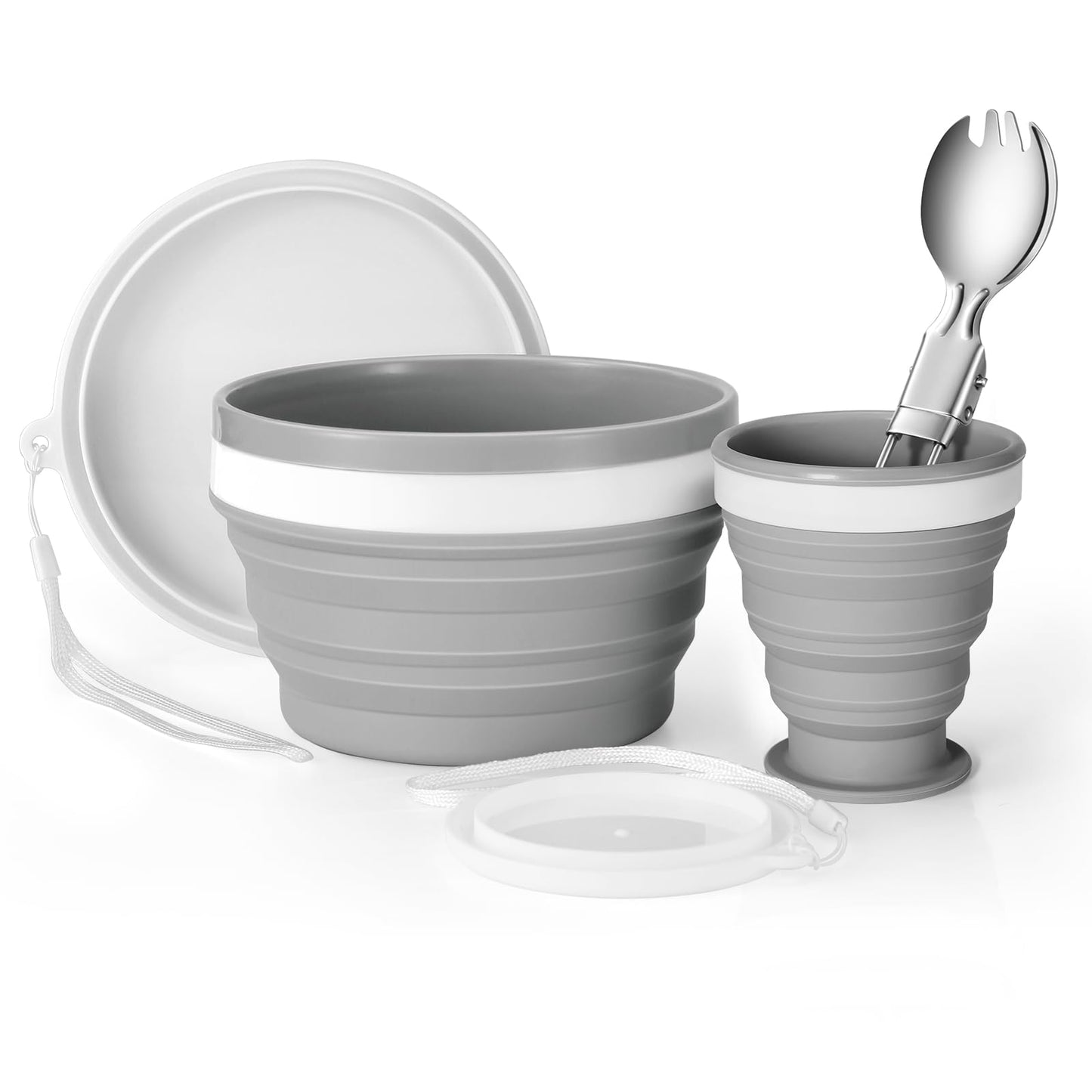 Odoland Camping Collapsible Silicone Cup and Bowl Set, Portable Mess Kit with Stainless Steel Spork and Lid for 1 Person Backpacking, Family Cookware, Hiking, Picnic, Travel