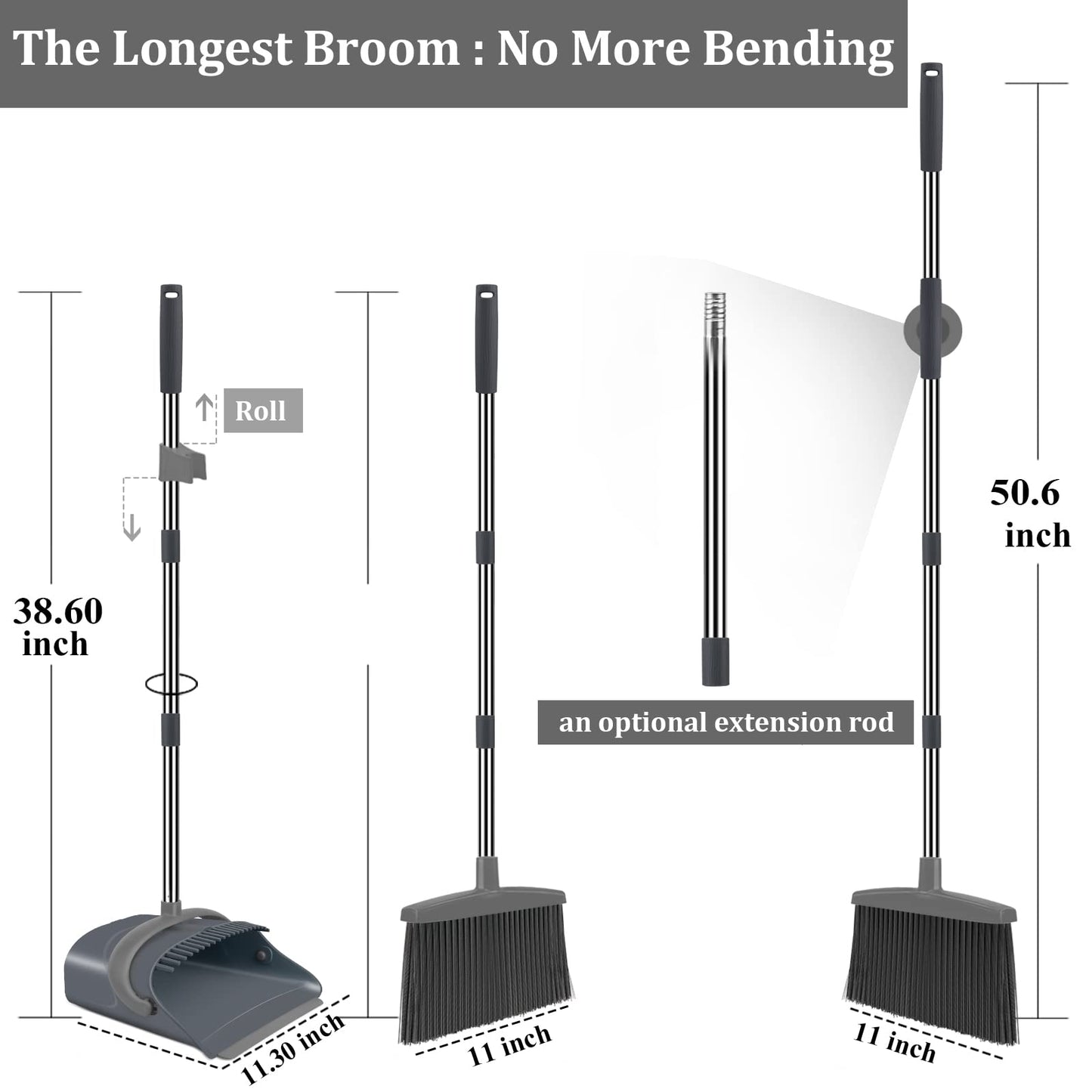Ivandar Broom and Dustpan Set, Dust pan with Long Handle, Broom with Dustpan Combo Set, Broom and Dustpan for Home, Indoor or Outdoor Cleaning Tool (Deep Gray&Light Gray)