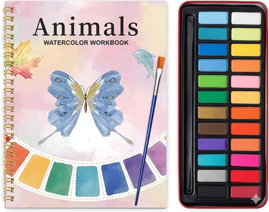 Watercolor Workbook for Beginners - 24 Colors Paint Set & Coloring Book, All-in-One Watercolor Painting Kit, Artistic Exploration Gift for Adults and Teens (Animals)