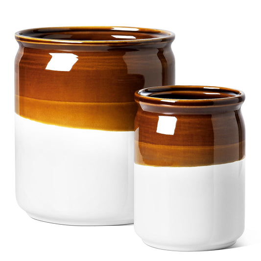 LE TAUCI Kitchen Utensil Holder, 7.2" & 5.4" Ceramic Utensil Crock for Countertop, Large Heavy Weighted Spatula Organizer, Rustic Farmhouse Decor, Vintage Two-Tone Glaze, Set of 2, Brown & White