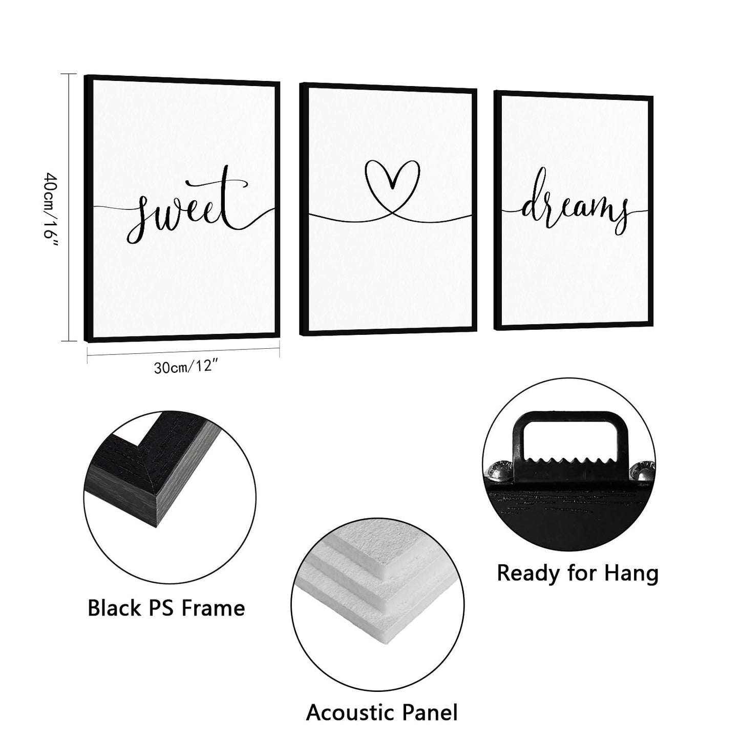 Sweet Dreams Wall Decor Above Bed: 3 Piece Modern Farmhouse Bedroom Art Set, Minimalist Black and White Framed Signs, Rustic Country Wall Art for Master Bedroom Guest Room, 12x16 Inches