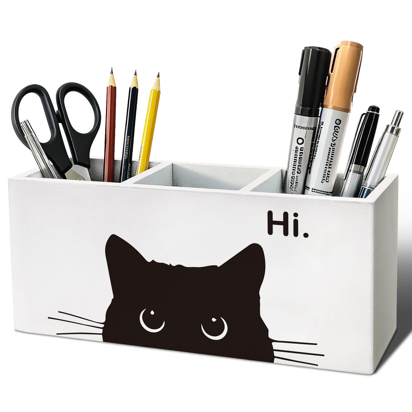 ELMCH Hi Black Cat Pen Pencil Holder Organizer for Desk, Black Cat Mom Lady Lovers Owner Gifts, Personalized Wooden Box Sign Desk Decor for Home Office Library Accessories