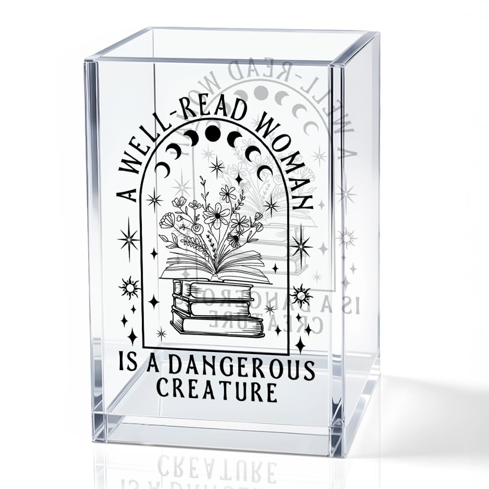 QYUVK A Well-read Woman Is A Dangerous Creature Acrylic Pencil Holder Cup, Funny Floral Books Desk Organizer for Book Lover Bookish Bookworms Readers, Women Empowerment Gifts for Mom Sister BFF