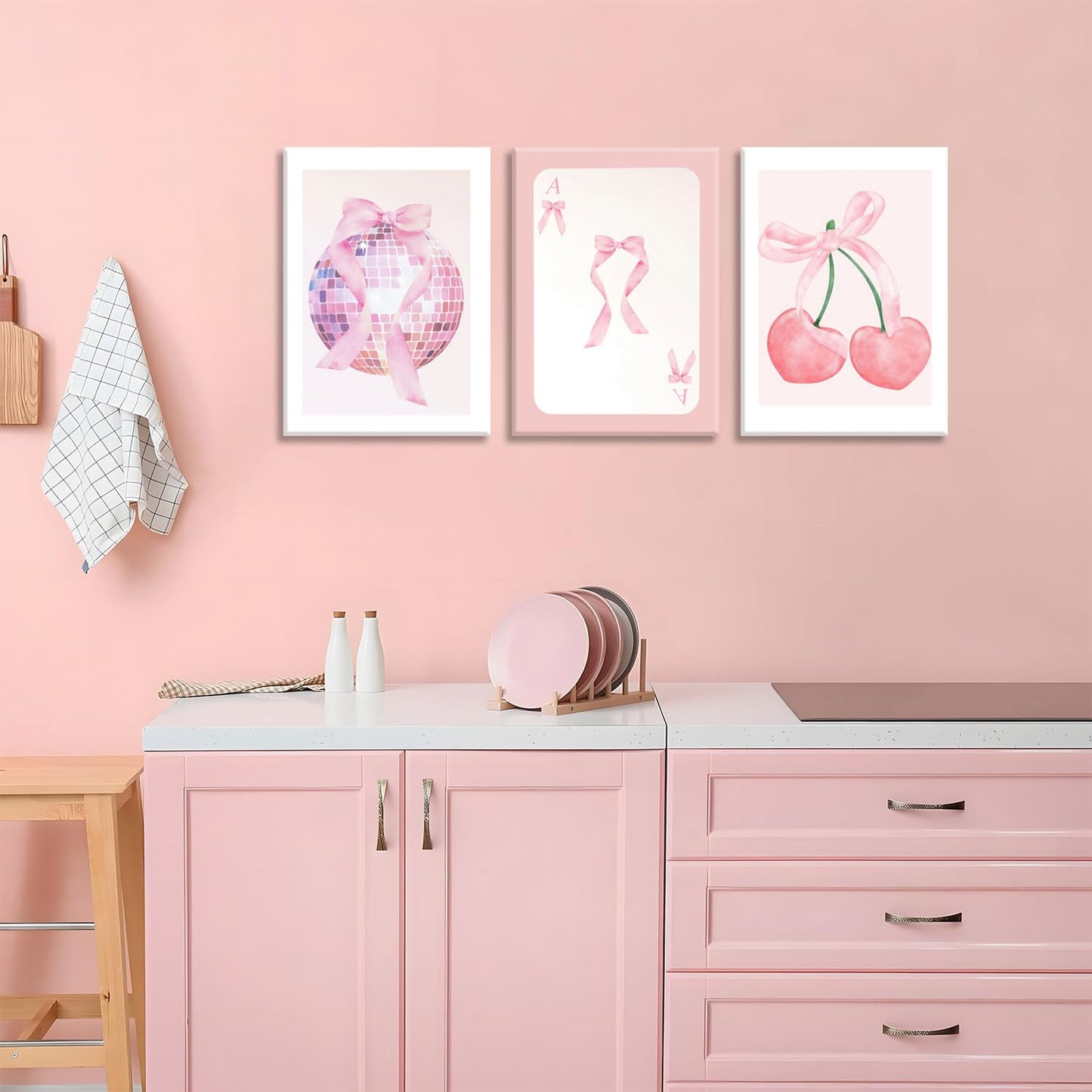 MTFBWY Pink Coquette Wall Art Canvas Prints Set of 3, Pink Bow Disco Ball & Cherry Aesthetic Room Decor, Complete Set Preppy Posters for Girls Bedroom Dorm Gift, Ready to Hang 12x16in