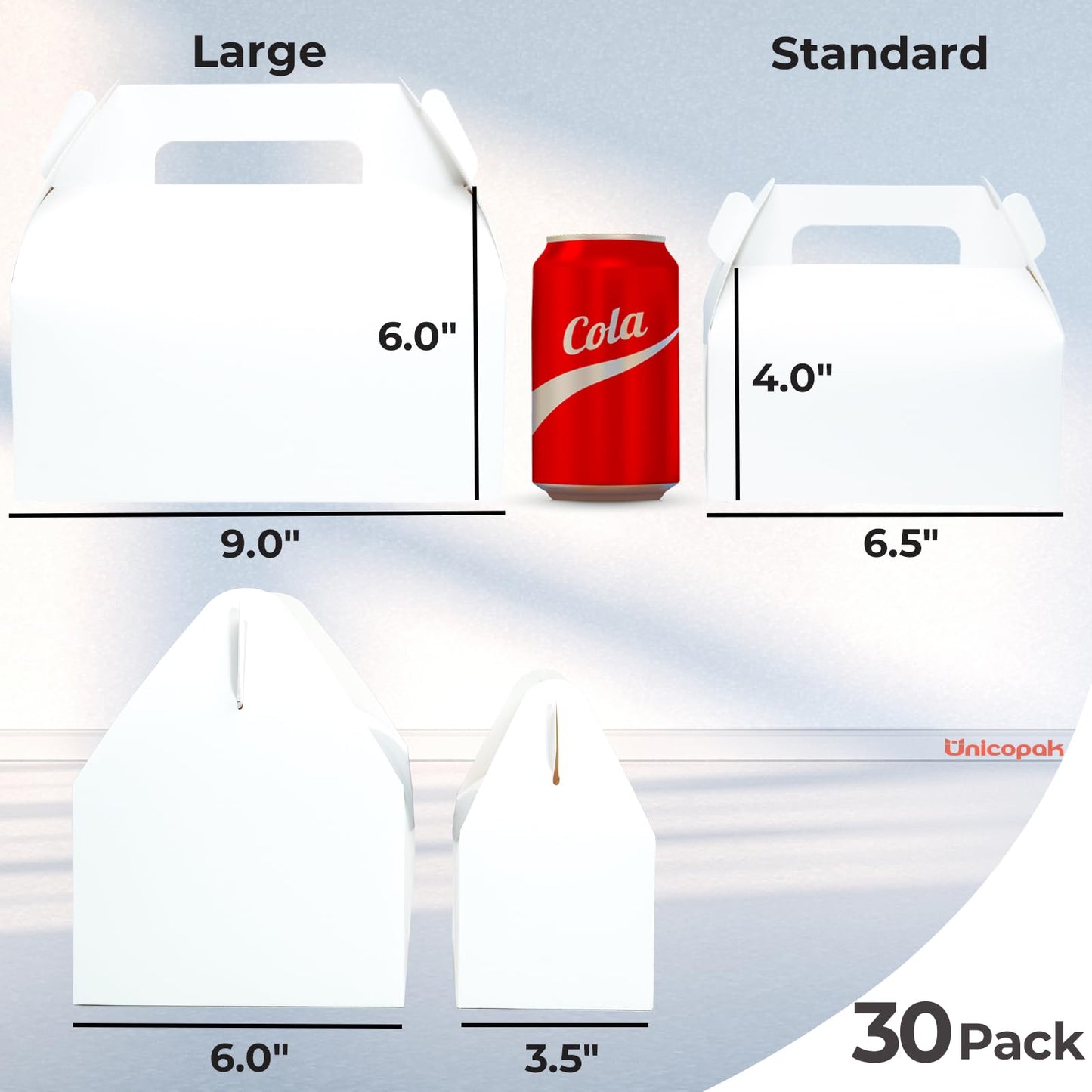 UnicoPak 30 Pack 9x6x6 Gable Boxes, Large White Treat Boxes with Handles, Cardboard Gift Boxes for Party Favors, Lunch, Bakery, Cookies, Picnic, To-Go Food, DIY Gift Packaging