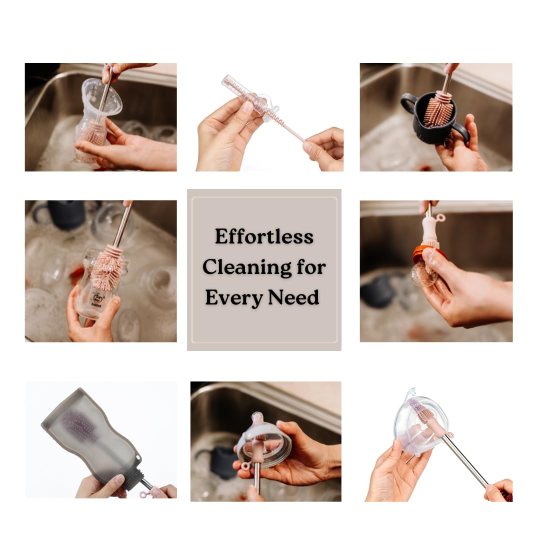 Haakaa Silicone Cleaning Brush Kit – Household Cleaning Brushes for Bottles and Crevices – Food-Grade Silicone: Dishwasher Safe (Kit-Blush)