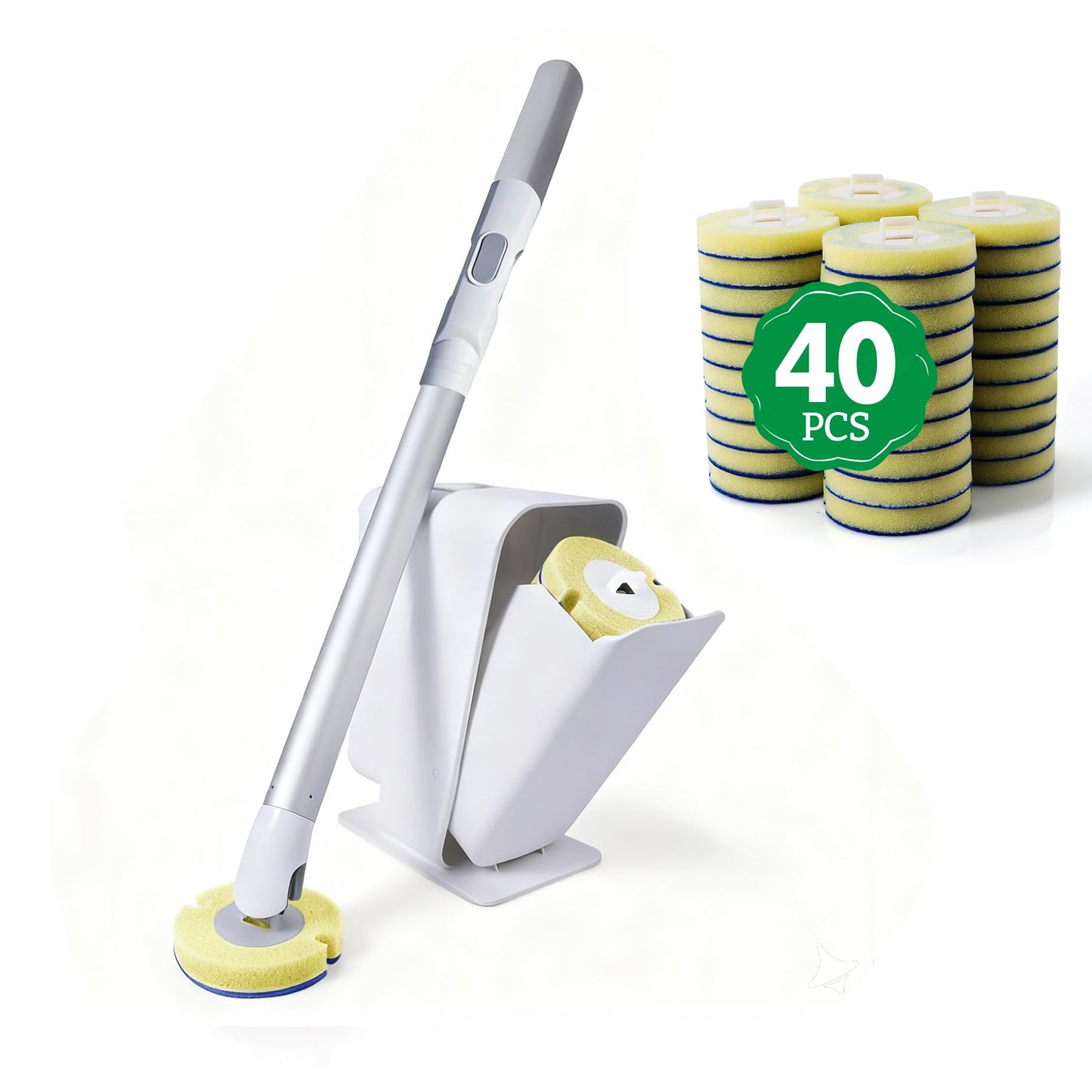 Eyliden Toilet Brush Set with 40 Refills, Disposable Toilet Cleaning Wand Kit with Pre-Soaked Sponge Heads, Hands-Free Toilet Bowl Cleaner Scrubber and Holder, White