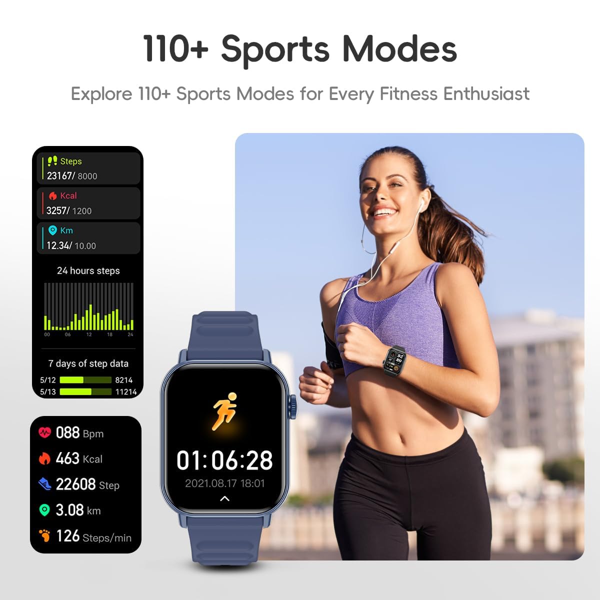 QTLLBT Smart Watch Sports Pedometer, Fitness Tracker Bluetooth Call Heart Rate Blood Oxygen Sleep Monitor,100 Sports Modes Waterproof for iOS Android Men's Women's Smart Watch (Blue)