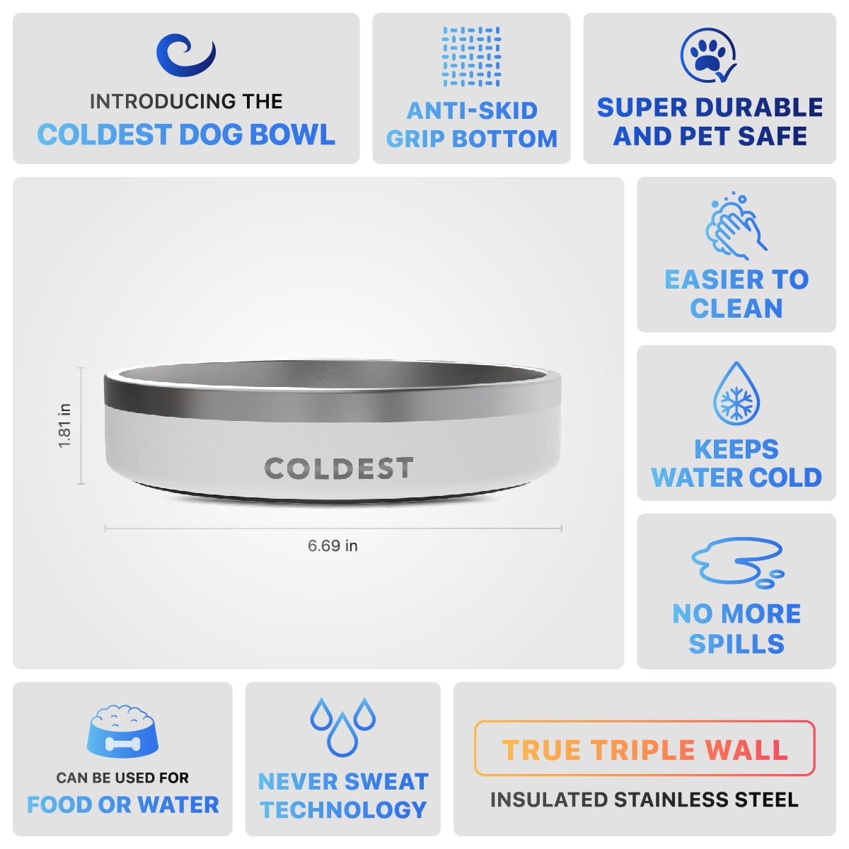 Coldest Dog Bowl - Anti Rust Metal, Non Slip, 3 Layers Insulated Stainless Steel Dog Bowls - Spill Proof & Heavy Duty - Water Bowl for Dogs, Cats & Pets, Dish Washer Safe (21 oz, Epic White)