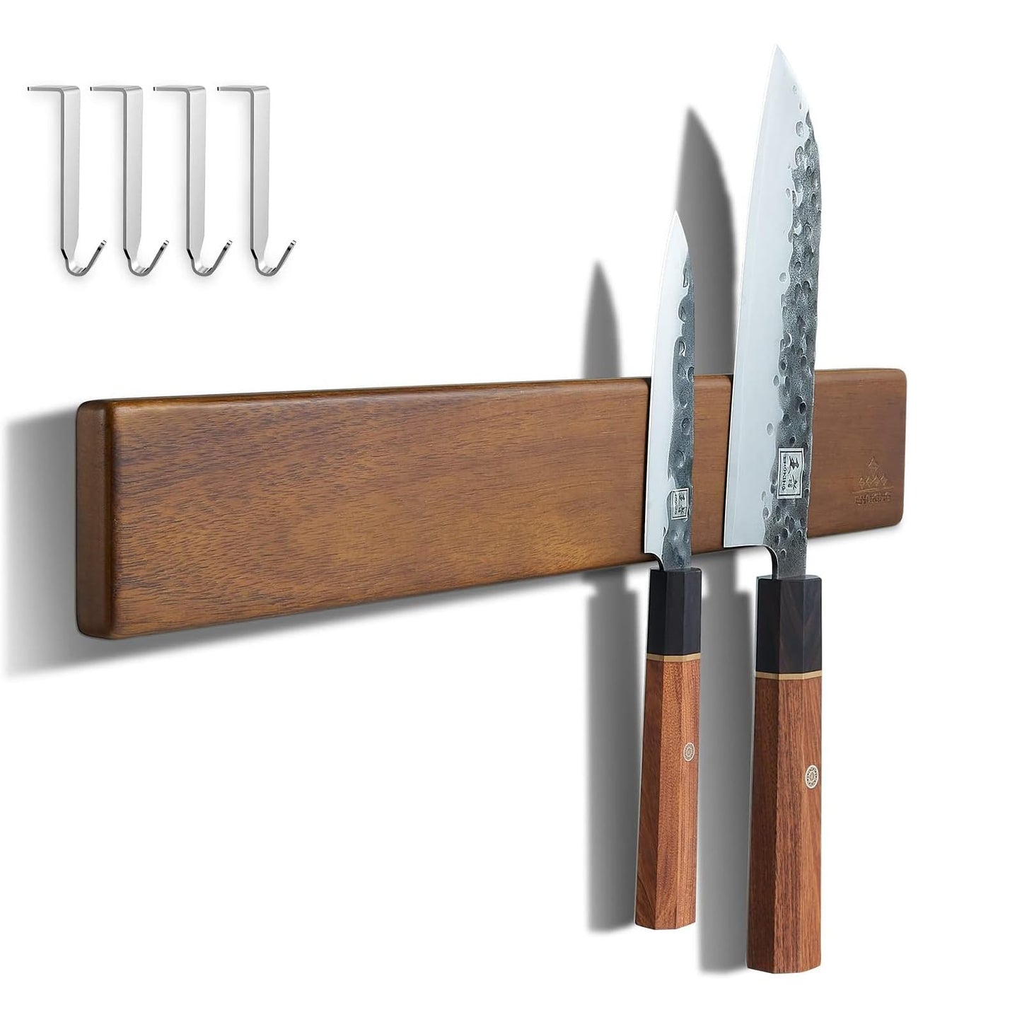ENOKING 16 Inch Magnetic Knife Holder for Wall - Acacia Wood Knife Strip with Gold-Stamping Magnetic Gift Box - Powerful Knife Bar with 4 Hooks, No Drilling or Screw Mount