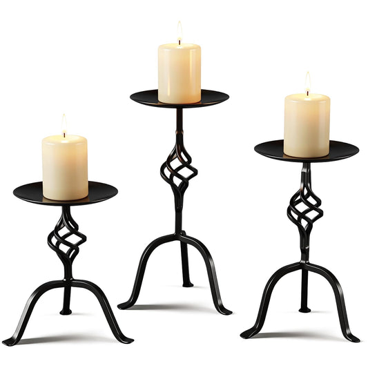 Ferrochef Set of 3 Black Iron Candlestick Holder for Wedding Metal Vintage Candle Holder 9.8, 8, 6.3 Inch Tall Decorative Wrought Iron Pillar Candle Sconce Dinning Party Anniversary Decor (Retro)