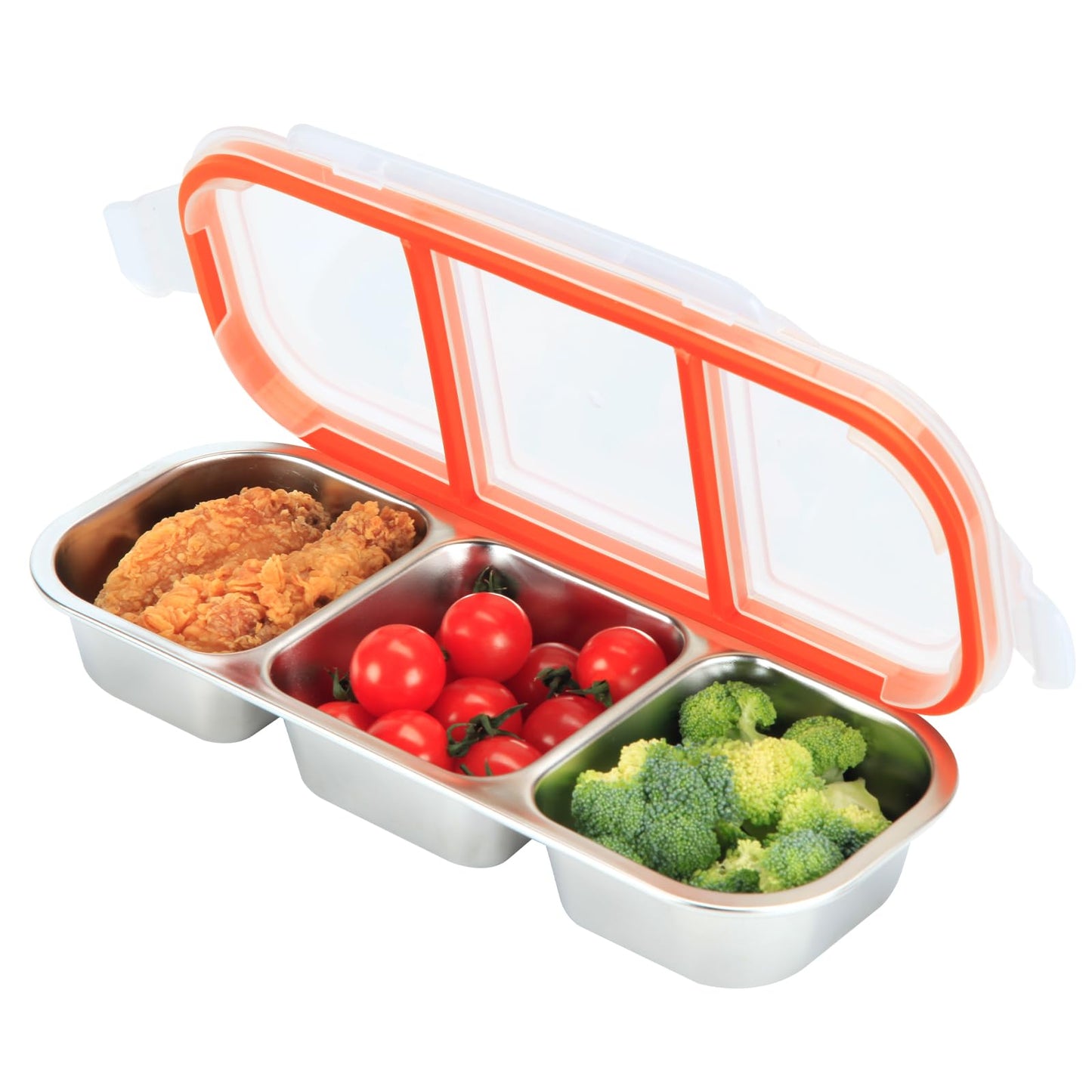 HSXMN Stainless Steel Snack Containers, 3-Compartment Metal Snackle Box for Kids & Adults, Clear Reusable Condiment Box with Lids, Divided Food Storage Container for School, Work, Home & Travel