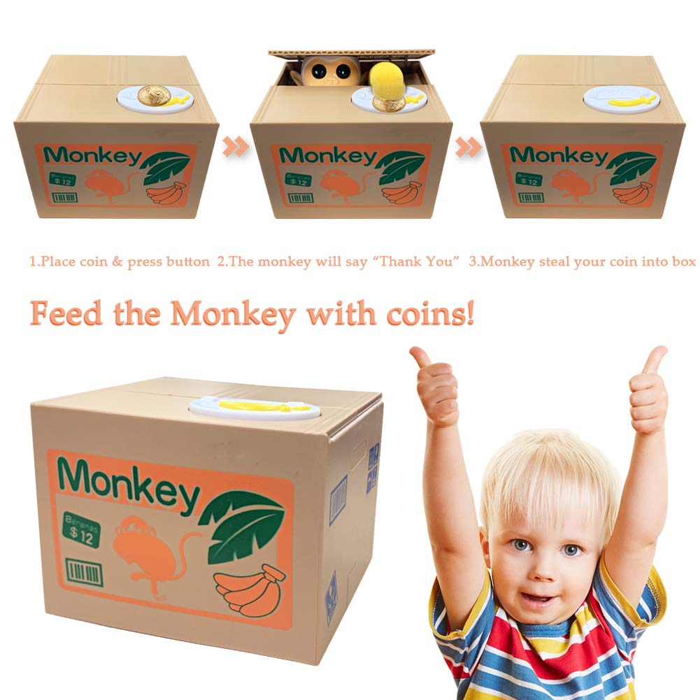Resulzon Kids Piggy Bank, Stealing ATM Coin Cash Money Counter Saving Can, Cute Mokey Electronic Smart Voice Prompt Piggy Bank Safe Locks, Great Gift for Boys & Girls Christmas