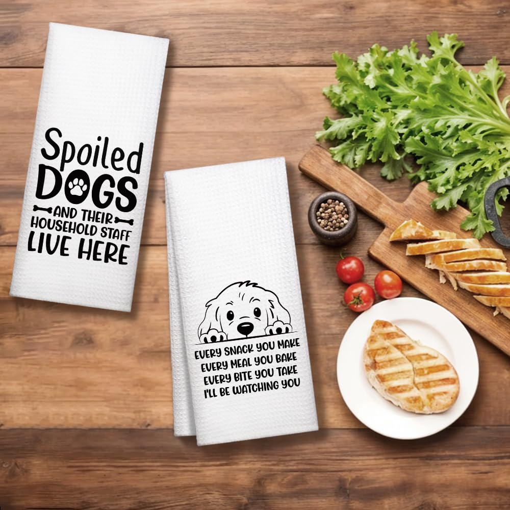 WUUCK00 2pcs Spoiled Dogs Live Here Funny Kitchen Towel, Cute Dog Mom Kitchen Decor Dish Tea Hand Towel, Housewarming Gifts for Pet Lover Dog Owners, Christmas New Puppy Gifts for Family Friend