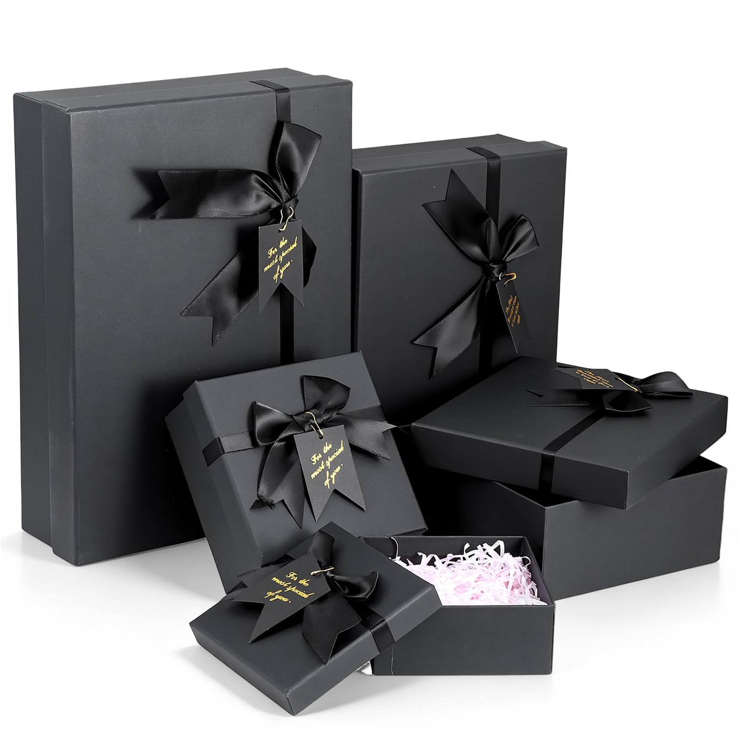 Afgaogw 5 Pack Black Nesting Gift Boxes with Lid, 5 Sizes Luxury Wrapping Boxes with Ribbon Bows & Label for Valentine's Day, Birthday, Weddings, Mother's Day & Thanksgiving Presents, 13.7'' to 5.1''