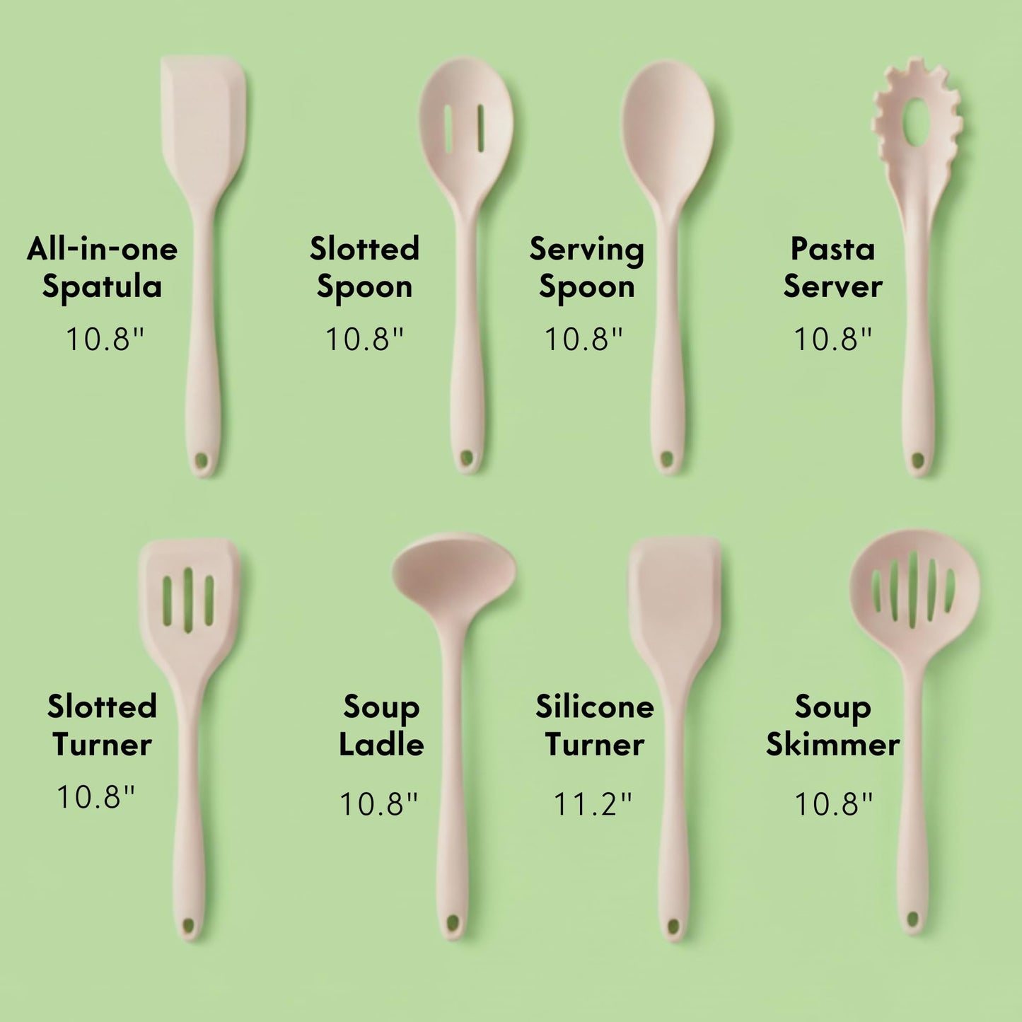Non-Toxic Platinum Silicone Kitchen Utensil Set of 8 – Non-Scratch Cooking Spoons & Spatulas, 100% Plastic Free, Stainless Steel Core, Heat Resistant 500°F, Beige
