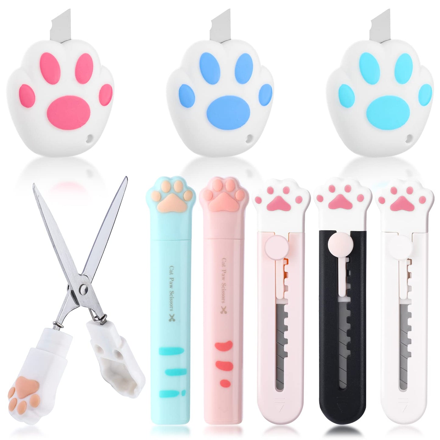 9 Pcs Mini Cute Box Cutter Scissors Knives Set Carton Cat Paw Stainless Steel Cutter Letter Opener Portable Retractable Utility Knives for Package Paper Cut Home DIY Scrapbook Crafting Back to School