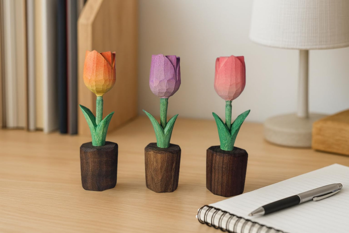 Handcrafted Wooden Tulip Figurine – Elegant Basswood Carved Sculpture, Unique Gift with Premium Gift Box, Ideal for Mother’s Day, Anniversary, Birthday, Home Office Décor (Pink)