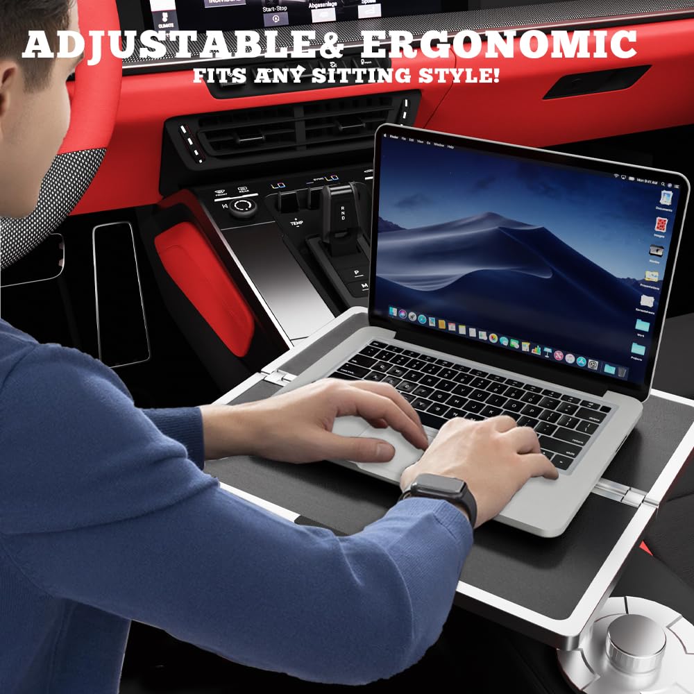 Flodable Car Desk Tray for Laptop, 360° Rotating Leather Cup Holder Table, Car Tray laptop Desk Replace Steering Wheel tray, for Tesla Model Y/3/S, Ford F150 Car Accessries for Men Women
