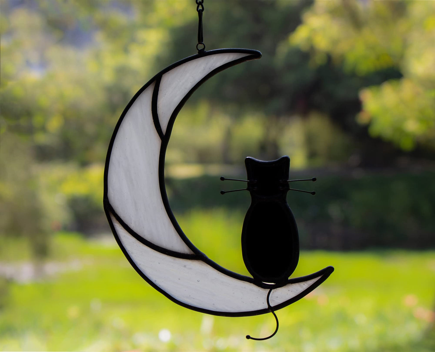 HAOSUM Black Cat On White Moon Stained Glass Window Hangings Ornament,Cat Memorial Gifts, Themed Gifts for Cats Lovers