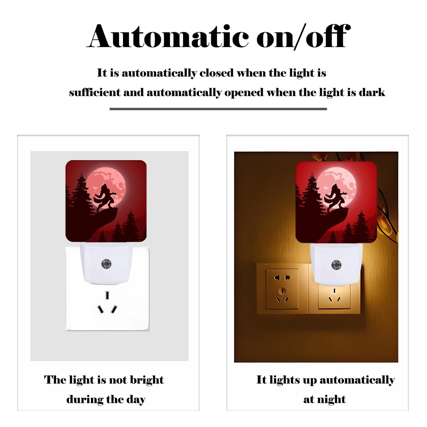 FSHVQKD Blood Moon and Werewolves Night Light,Plug-in Night Lights with Dusk-to-Dawn Sensor for Stairway,Hallway,Bedroom Sleep Friendly Ideal for Women/Girls/Boys Gift,0.5w
