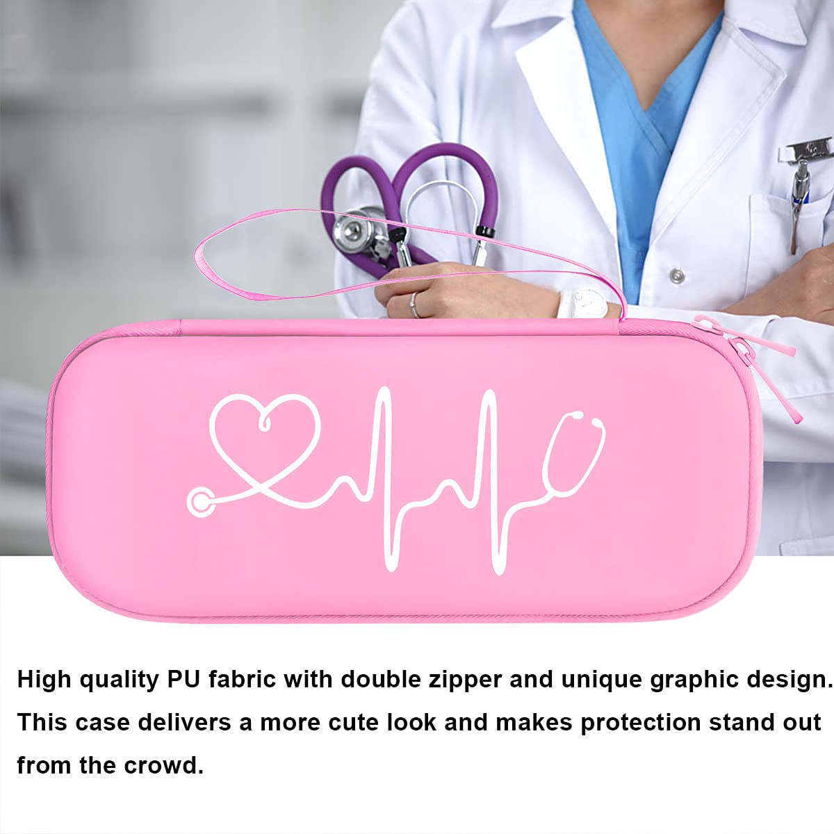 BOVKE Travel Carrying Case Compatible With 3M Littmann Classic III, Lightweight II S.E, MDF Acoustica Deluxe Stethoscope, Extra Room for Medical Scissors EMT Trauma Shears and LED Penlight, Pearl Pink