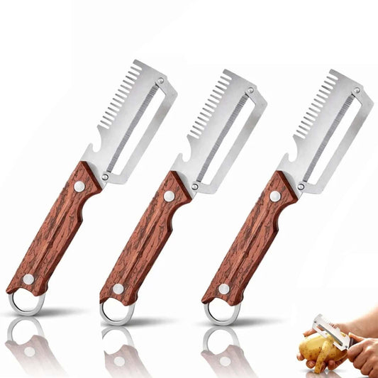 3-1 Multi-functional Vegetable Peeler, 2026 New Ktchen Multi-function Stainless Steel Thickened Fruit Peeler Knife with Wooden Handle,Suitable for Peeling Fruits and Shredding Scallions (A-3PCS)