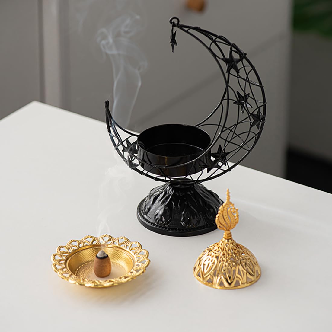 Metal Greek Incense Burner Antique Arabic Incense Censer Pot Metal Candlestick Candle Stand Incense Bowl for Aromatherapy Yoga Spa Home Decor (Black)