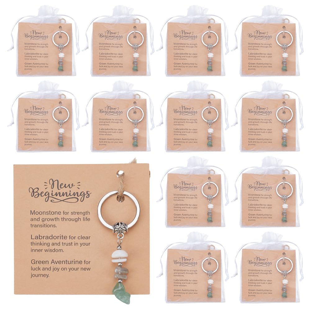 EVERYJOYCRAFT 12 PCS Natural Crystal Keychain with Card Handmade Stainless Steel Natural Stones Keychain Gift for Women Men Friend Family Farewell Gift Good Luck New Job Chapter (New Beginnings)