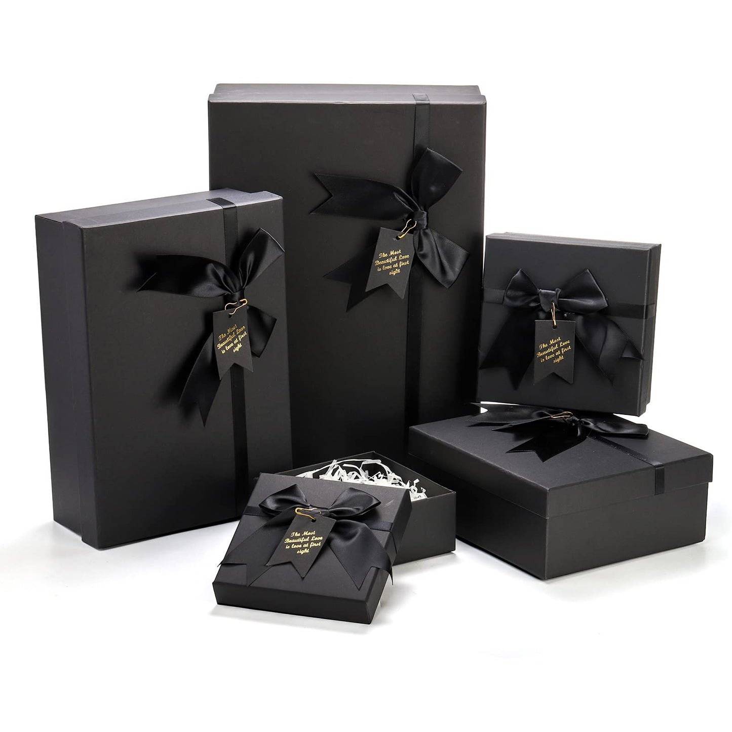 ZENFUN 5 Pack Black Nested Gift Boxes with Lid for Valentine's Presents, 5 Sizes Luxury Packaging Box with Ribbon Bows and Label Gift Wrap for Thanksgiving Birthday, Weddings, Mother's Day 13.7'' to 5.1''
