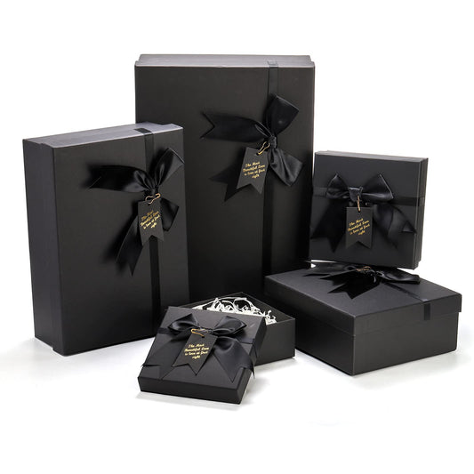 ZENFUN 5 Pack Black Nested Gift Boxes with Lid for Valentine's Presents, 5 Sizes Luxury Packaging Box with Ribbon Bows and Label Gift Wrap for Thanksgiving Birthday, Weddings, Mother's Day 13.7'' to 5.1''