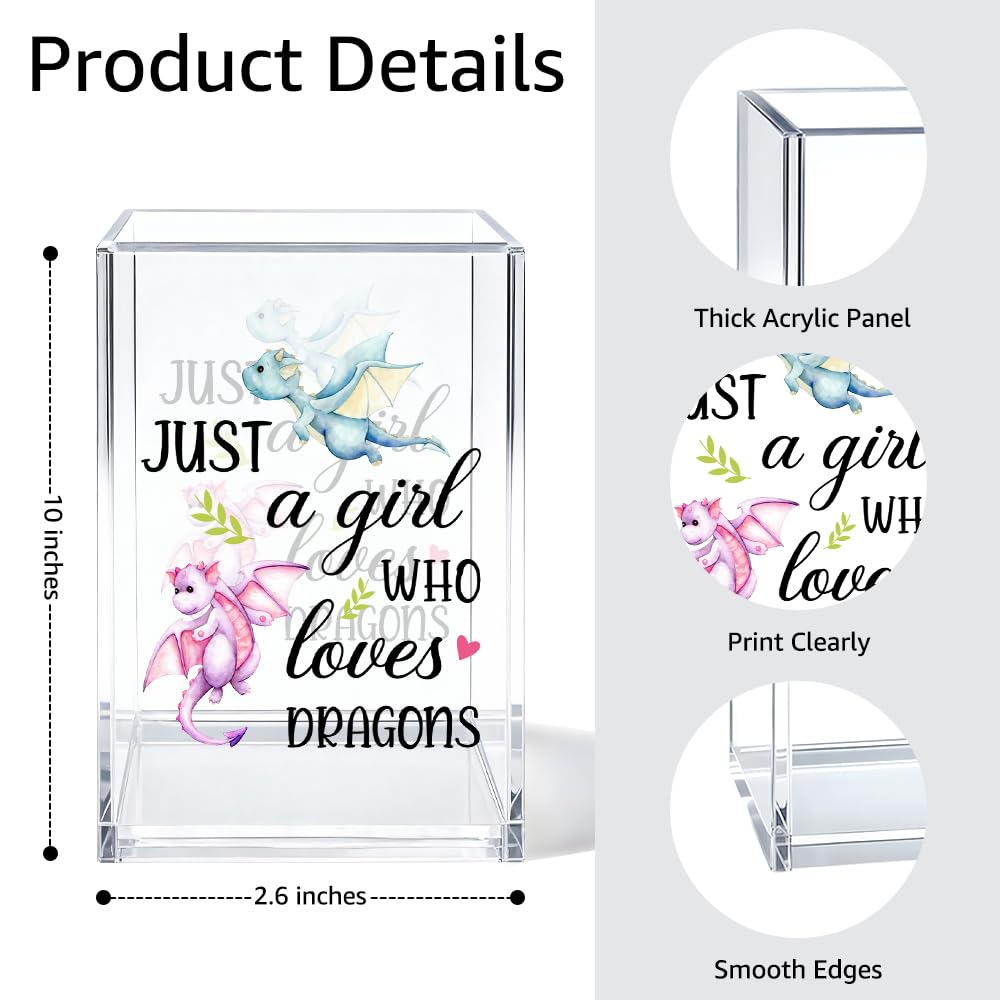 Gkodw Just A Girl Who Loves Dragons Acrylic Cosmetic Organizer Pen Holder, Funny Acrylic Desk Holder Cup for Pen Pencil, Christmas Birthday Gifts for Dragon Lovers Daughter Lady Women Coworker Boss