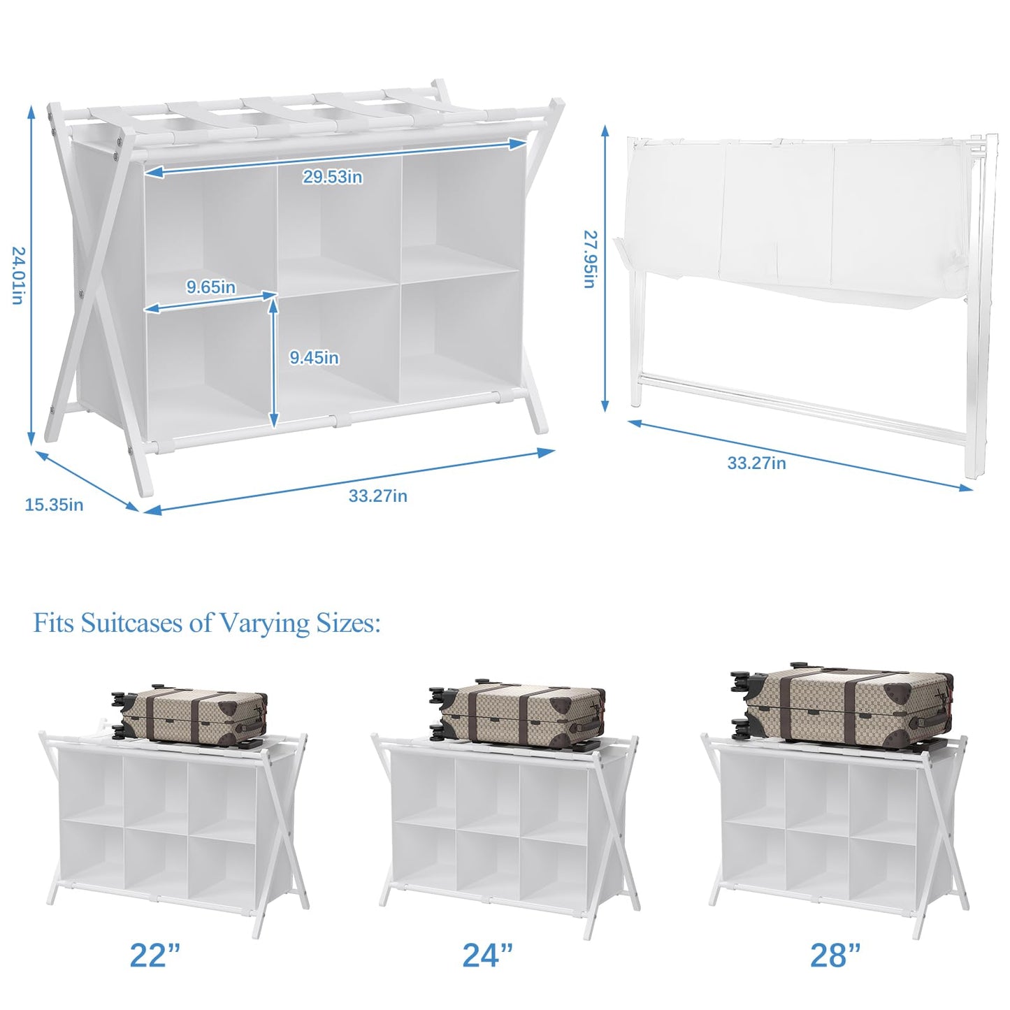 Huhote Luggage Rack for Guest Room, Folding Suitcase Stand with 6-Cube Fabric Storage Shelf, Luggage Holder, Steel Foldable Luggage Stand for Guest Room, Bedroom, Hotel, White