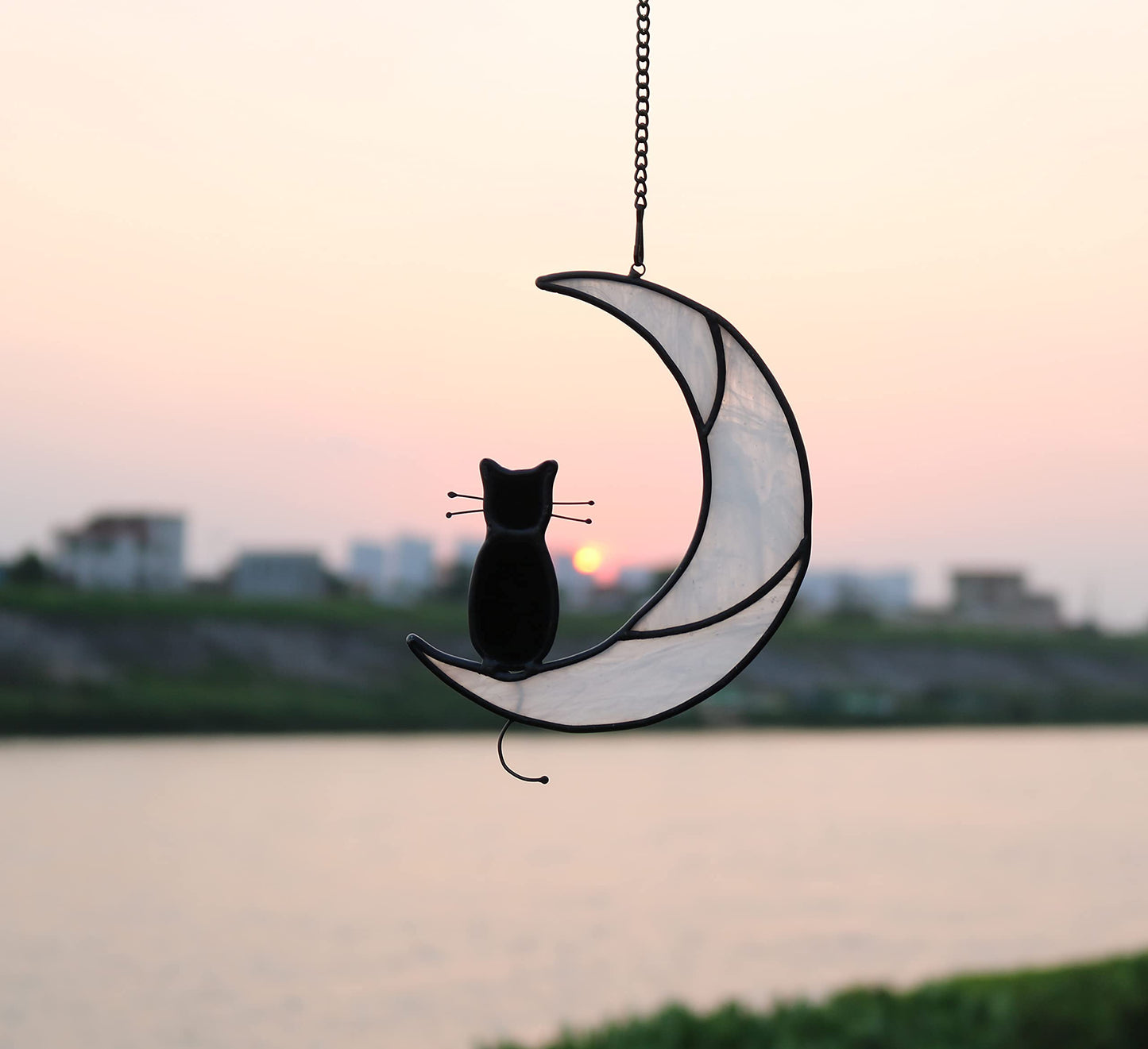 HAOSUM Black Cat On White Moon Stained Glass Window Hangings Ornament,Cat Memorial Gifts, Themed Gifts for Cats Lovers