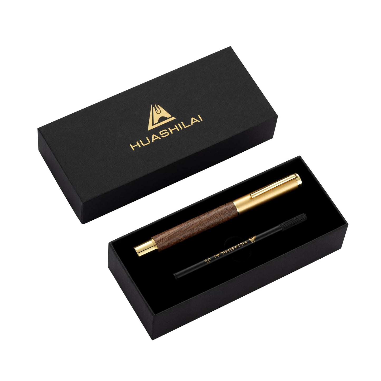 HUASHILAI Luxury Wooden and Metal Rollerball Pen Set with Spare Gel Ink Refill,Rosewood,White Oak,Walnut Wood Signature Roller Ball Pen,Business Gift Set for Men and Women (Walnut Wood)